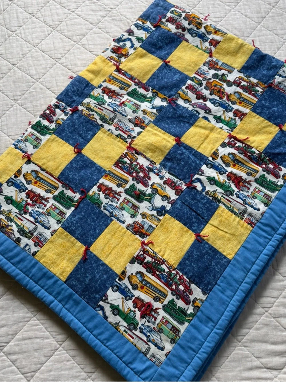 Handmade Kids Vehicle Patchwork Quilt - Yellow & Blue